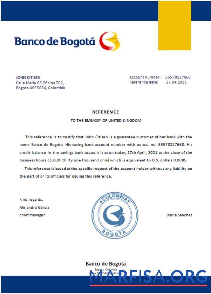 Realistic Colombia Banco de Bogotá reference template